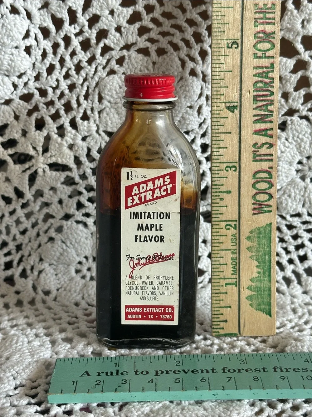 Vintage Adams Extract Imitation Maple Flavor Bottle - Red Cap, Amber Glass